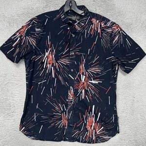 French Connection Shirt Men's Sz L Black Short Sleeve Fireworks AOP Button Down